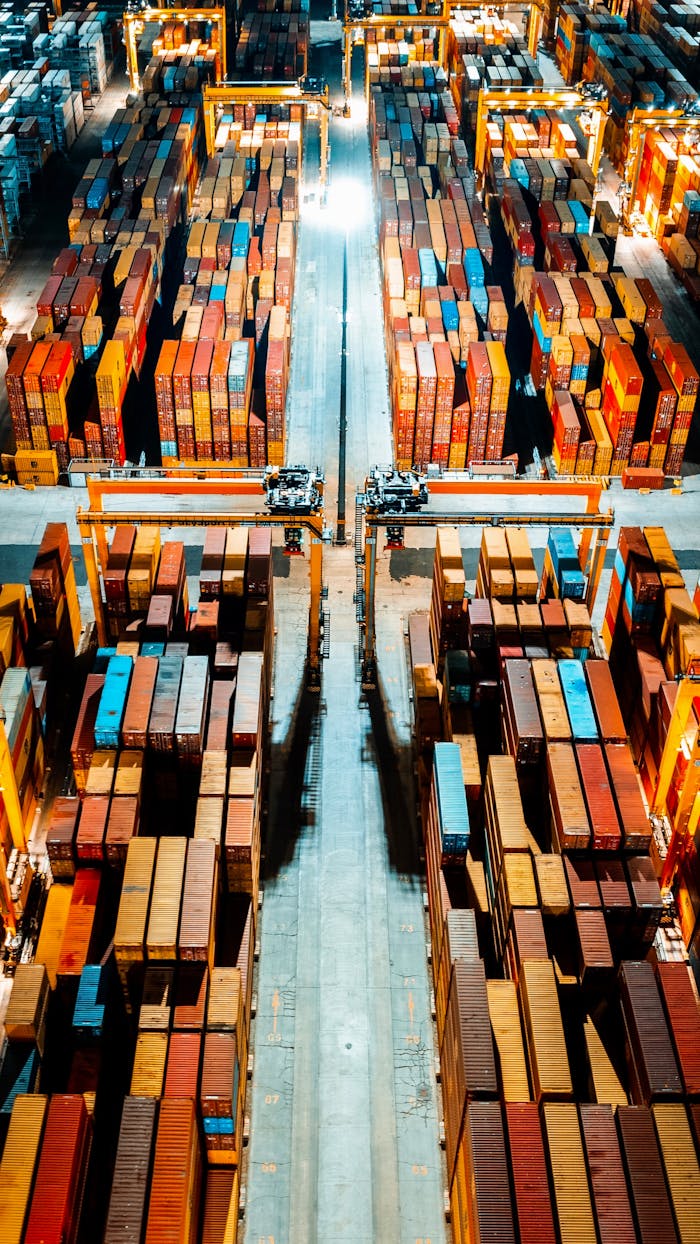 services-04 Aerial view of organized cargo containers in a brightly lit warehouse at night.